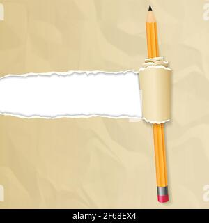 Carta crumpled marrone realistica con bordo arrotolato e matita gialla su sfondo trasparente Illustrazione Vettoriale