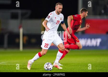 LEUVEN, BELGIO - MARZO 30: Igor Stasevich della Bielorussia durante la Coppa del mondo FIFA 2022 Qatar Qualifier match tra Belgio e Bielorussia a Den Dreef on Foto Stock