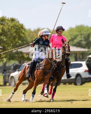 DUNDAS VS HAWAII POLO LIFE 2021 CAMPIONATI DI POLO FEMMINILE, tenuti a Port Mayaca, Florida, 10 marzo 2021. Team Dundas: Nina Clarkin, Hope Arelano, Sarah Siegel Magness Team Hawaii Polo Life: Delores rete, Pamela Flanagan, mia Cambiaso, Hazel Jackson. Foto di Jennifer Graylock-Graylock.com 917-519-7666 Foto Stock