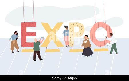 Cartoon caratteri piatti e caratteri grandi 'expo', concetto di illustrazione vettoriale Illustrazione Vettoriale