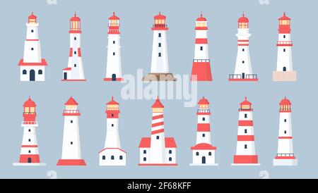 Torri faro. Disegno del faro di mare del cartone animato. Casa di navigazione marittima costiera con segnale di proiettore via IR. Set vettoriale per fari piatti Illustrazione Vettoriale