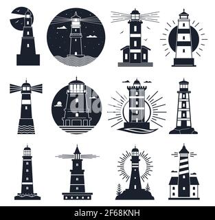 Logo dei fari. Etichetta nautica d'epoca, segnalatori di mare, oceano con onde e gabbiani. Torre faro notturno, navigazione edificio vettore set Illustrazione Vettoriale