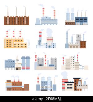 Stabilimento di produzione. Costruzione industriale, centrale elettrica, centrale nucleare e complesso chimico con camino. Insieme vettoriale di fabbrica Illustrazione Vettoriale