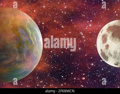 terra pianeta e luna su sfondo cielo spazio. Questa non è una foto della nasa, questa è un'immagine di rendering Foto Stock