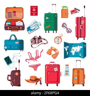 Materiale da viaggio. Bagagli, vestiti, carte, macchina fotografica, passaporto e biglietti aerei. Valigia confezionata. Set vettoriale accessori per vacanze estive Illustrazione Vettoriale