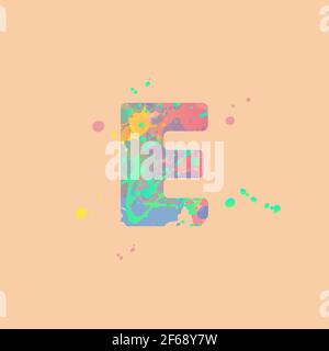 Lettera e con macchie miste multicolore di vernice rosa, gialla, blu, turchese su fondo di pesca. Design per striscioni, volantini, etichette, decorazioni, posta Illustrazione Vettoriale