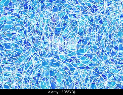 molte linee aggrovigliate su sfondo blu di freschezza. Disegno astratto Foto Stock
