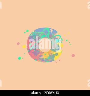 Lettera o con macchie miste multicolore di rosa, giallo, blu, turchese su sfondo di pesca. Design per striscioni, volantini, etichette, decorazioni, posta Illustrazione Vettoriale