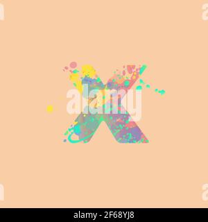 Lettera X con macchie miste multicolore di vernice rosa, gialla, blu, turchese su fondo di pesca. Design per striscioni, volantini, etichette, decorazioni, posta Illustrazione Vettoriale