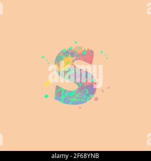 Lettera S con macchie miste multicolore di vernice rosa, gialla, blu, turchese su fondo di pesca. Design per striscioni, volantini, etichette, decorazioni, posta Illustrazione Vettoriale