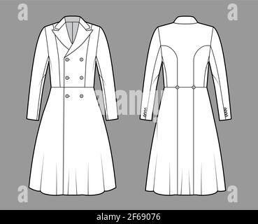 Cappotto Redingote illustrazione tecnica moda con doppio petto, calzato, maniche lunghe, collo in reverendo, lunghezza ginocchio. Mascherina piatta frontale, posteriore, colore bianco. Donne, uomini top mockup CAD Illustrazione Vettoriale