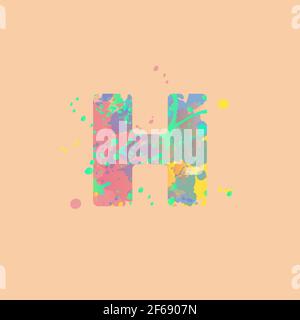 Lettera H con macchie miste multicolore di vernice rosa, gialla, blu, turchese su fondo di pesca. Design per striscioni, volantini, etichette, decorazioni, posta Illustrazione Vettoriale