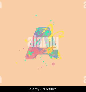 Lettera A con macchie miste multicolore di vernice rosa, gialla, blu, turchese su fondo di pesca. Design per striscioni, volantini, etichette, decorazioni, posta Illustrazione Vettoriale