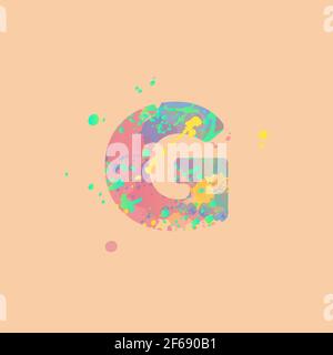 Lettera G con macchie miste multicolore di vernice rosa, gialla, blu, turchese su fondo di pesca. Design per striscioni, volantini, etichette, decorazioni, posta Illustrazione Vettoriale