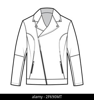 Giacca biker con zip-up illustrazione tecnica di moda con oversize, zip asimmetrica anteriore collo a risvolto, maniche lunghe, tasca a bordo. Modello di rivestimento piatto di colore bianco. Donne uomini CAD mockup Illustrazione Vettoriale