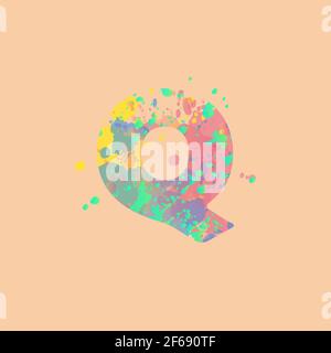 Lettera Q con macchie miste multicolore di vernice rosa, gialla, blu, turchese su fondo di pesca. Design per striscioni, volantini, etichette, decorazioni, posta Illustrazione Vettoriale