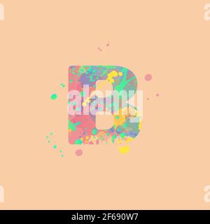 Lettera B con macchie miste multicolore di vernice rosa, gialla, blu, turchese su fondo di pesca. Design per striscioni, volantini, etichette, decorazioni, posta Illustrazione Vettoriale