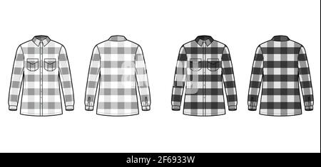 Giacca in legno illustrazione tecnica di moda con motivo Buffalo Check, corpo oversize, tasche con pattina, maniche lunghe. Abbigliamento piatto, anteriore, posteriore, bianco, grigio. Donne, uomini unisex CAD mockup Illustrazione Vettoriale