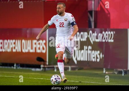 LEUVEN, BELGIO - MARZO 30: Igor Stasevich della Bielorussia durante la Coppa del mondo FIFA 2022 Qatar Qualifier match tra Belgio e Bielorussia a Den Dreef on Foto Stock