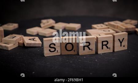 Scrivere la parola Spiacenti con lettere di legno Foto Stock