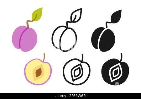 Icona linea set cartoon Plum, stile glifo nero. Raccolta di prugne estive piatti. Disegno a mano a fumetti per l'etichetta del poster delle schede di imballaggio. Prodotti biologici sani del mercato agricolo. Illustrazione vettoriale Illustrazione Vettoriale