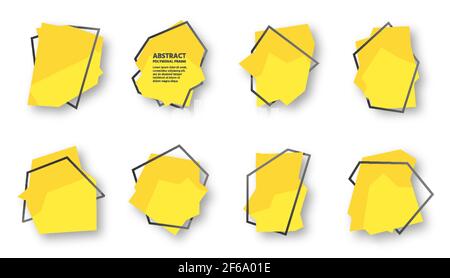 Banner giallo astratto con cornice di testo poligonale impostato con ombra. Linee nere geometriche su un punto luminoso. Modello scheda invito. Annuncio pubblicitario o poster di saluto Illustrazione Vettoriale