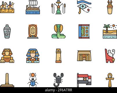 Set di icone della linea di colore della cultura egiziana. Caravan, Mummy, Scorpion e molto altro ancora. Illustrazione Vettoriale