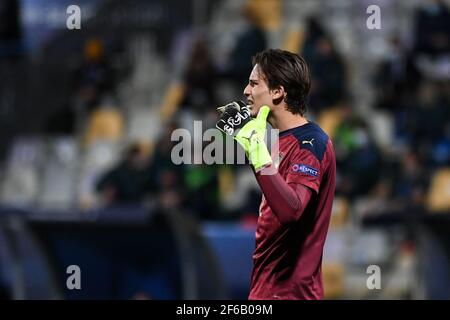 Maribor, Slovenia. 30 Marzo 2021. Marco Carnesecchi portiere d'Italia reagisce durante la partita del Campionato europeo Under-21 Gruppo B 2021 tra Italia e Slovenia allo Stadion Ljudski vrt.(punteggi finali; Italia 4:0 Slovenia) Credit: SOPA Images Limited/Alamy Live News Foto Stock