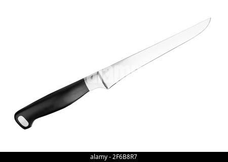 Coltello da carving in acciaio con manico in plastica nera fondo bianco isolato da vicino, coltello da chef in metallo grande, lama affilata in acciaio inossidabile, coltello da paring, macellaio Foto Stock