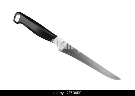 Coltello da carving in acciaio con manico in plastica nera fondo bianco isolato da vicino, coltello da chef in metallo grande, lama affilata in acciaio inossidabile, coltello da paring, macellaio Foto Stock
