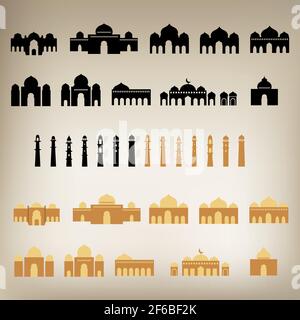 Set di mega-pack con silhouette moschee e torre. Forma di base, modificabile per la costruzione, la finestra, la porta con oggetto di gruppo. Illustrazione Vettoriale