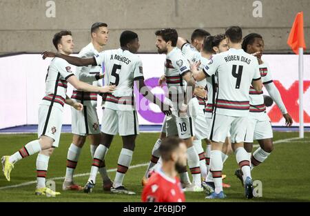 Cristiano Ronaldo del Portogallo festeggia il suo obiettivo con i compagni di squadra durante la Coppa del mondo FIFA 2022, Qualifiers, Gruppo A partita di calcio tra Lussemburgo e Portogallo il 30 marzo 2021 a Josy Barthel a Lussemburgo, Lussemburgo - Foto Jean Catuffe / DPPI / LiveMedia Foto Stock