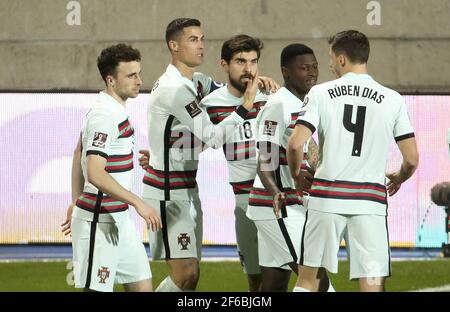 Cristiano Ronaldo del Portogallo festeggia il suo obiettivo con i compagni di squadra durante la Coppa del mondo FIFA 2022, Qualifiers, Gruppo A partita di calcio tra Lussemburgo e Portogallo il 30 marzo 2021 a Josy Barthel a Lussemburgo, Lussemburgo - Foto Jean Catuffe / DPPI / LiveMedia Foto Stock