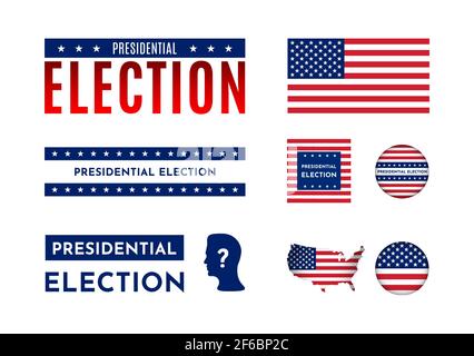 Concetto vettoriale per le elezioni presidenziali negli Stati Uniti. Bandiera delle stelle e delle strisce, badge rotondi, mappa con bandiera nazionale americana. Modelli per articolo Illustrazione Vettoriale
