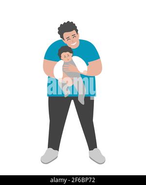 Vettore isolato piatto illustrazione con cartone animato corpo positivo padre è sorridente, tenendo in braccio il bambino carino poco. Il papà felice mostra l'amore del genitore Illustrazione Vettoriale