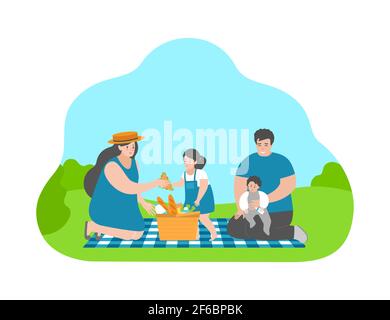 Vector Flat Concept con famiglia di cartoni animati. Momenti felici dall'infanzia. Madre dà il panino carino figlia da cestino da picnic. Padre siede con poco Illustrazione Vettoriale