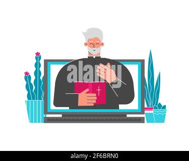 Illustrazione vettoriale. Il pastore cristiano aiuta le persone che stayng a casa. Il sacerdote tiene la Bibbia, predica il sermone dal web stream dal laptop. Conferenza online Illustrazione Vettoriale