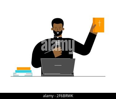 Concetto di piatto vettoriale. Il pastore cattolico è un uomo afroamericano. Predica il sermone utilizzando una conferenza online sul computer portatile. Il sacerdote tiene la Bibbia. Streaming Illustrazione Vettoriale