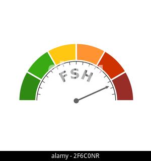 Scala gradiente. Icona del dispositivo di misurazione del livello dell'ormone follicolo-stimolante. Indicazione contagiri, tachimetro, indicatori. Elemento indicatore infografico. Illustrazione Vettoriale