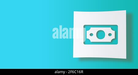 Concetto di icona 3D rappresentata: Simbolo di denaro isolato ritagliato su carta quadrata bianca. Sfondo blu turchese con ampio spazio per la copia. Figura illustrata Foto Stock