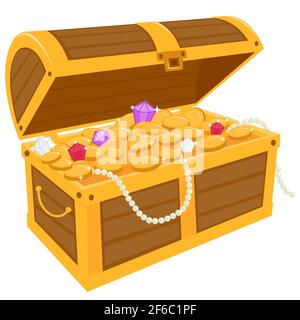 Illustrazione di una cassa di legno piena di tesoro d'oro. Foto Stock