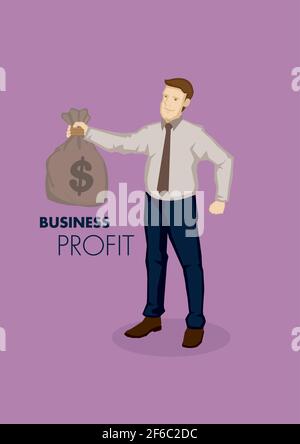 Vettore business illustrazione di cartone animato carattere businessman custodia di denaro con il profitto commerciale di testo. Concetto di redditività isolato in piano Illustrazione Vettoriale