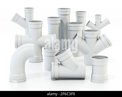 Parti di collegamento del tubo dell'acqua in PVC isolate su sfondo bianco. Illustrazione 3D. Foto Stock
