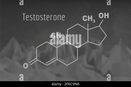 Formula chimica molecolare ormone testosterone. Illustrazione infografica. Silhouette uomo. Bassa montagna poly paesaggio backdround. Illustrazione Vettoriale