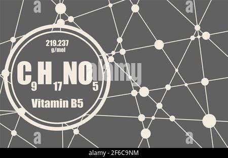 Acido pantotenico o vitamina B5 formula chimica. Linee collegate con sfondo a punti. Illustrazione Vettoriale