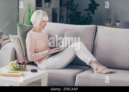 Foto di dimensioni del corpo a lunghezza intera della vecchia signora seduta sopra divano che utilizza la navigazione internet del computer portatile che funziona in remoto Foto Stock