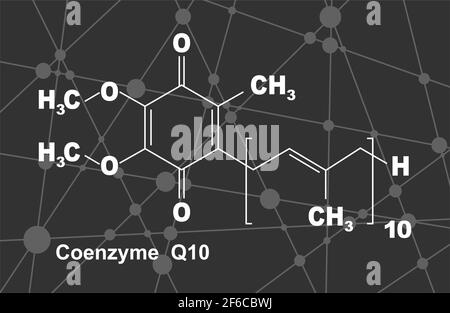 Molecola di coenzima Q10, struttura chimica. Produzione di energia cellulare. Linee e punti collegati in background Illustrazione Vettoriale