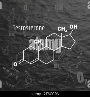 Formula chimica molecolare ormone testosterone. Illustrazione infografica. Silhouette uomo. Sfondo di pietra nera. Illustrazione Vettoriale