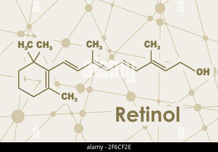 Molecola di vitamina A retinolo. Formula scheletrica. Linee collegate con sfondo a punti. Illustrazione Vettoriale
