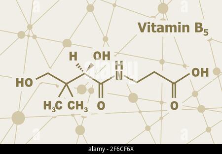 Acido pantotenico o vitamina B5 formula chimica strutturale. Linee collegate con sfondo a punti. Illustrazione Vettoriale